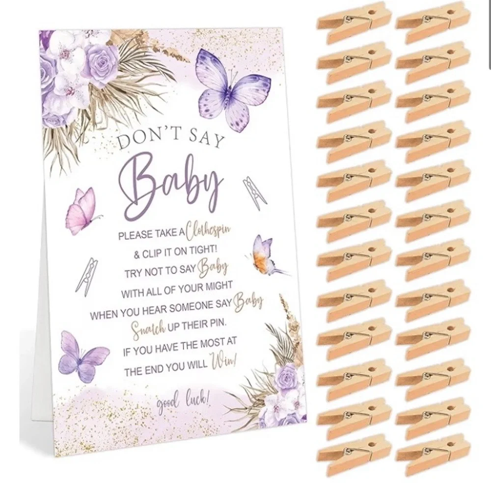 Don't Say Baby Signs for Baby Shower Games, 1 Sign(5x7),50 Mini Clothespins,PINK